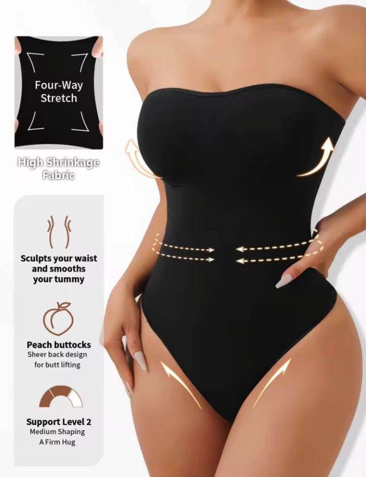 Women’s Strapless Thong Shapewear Bodysuit with Non-Slip Silicone Waist & Curve Shaping